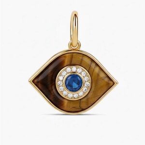 Gold-Tone Brown Tiger Eye Evil Eye Pendant with Blue CZ Center Gemstone